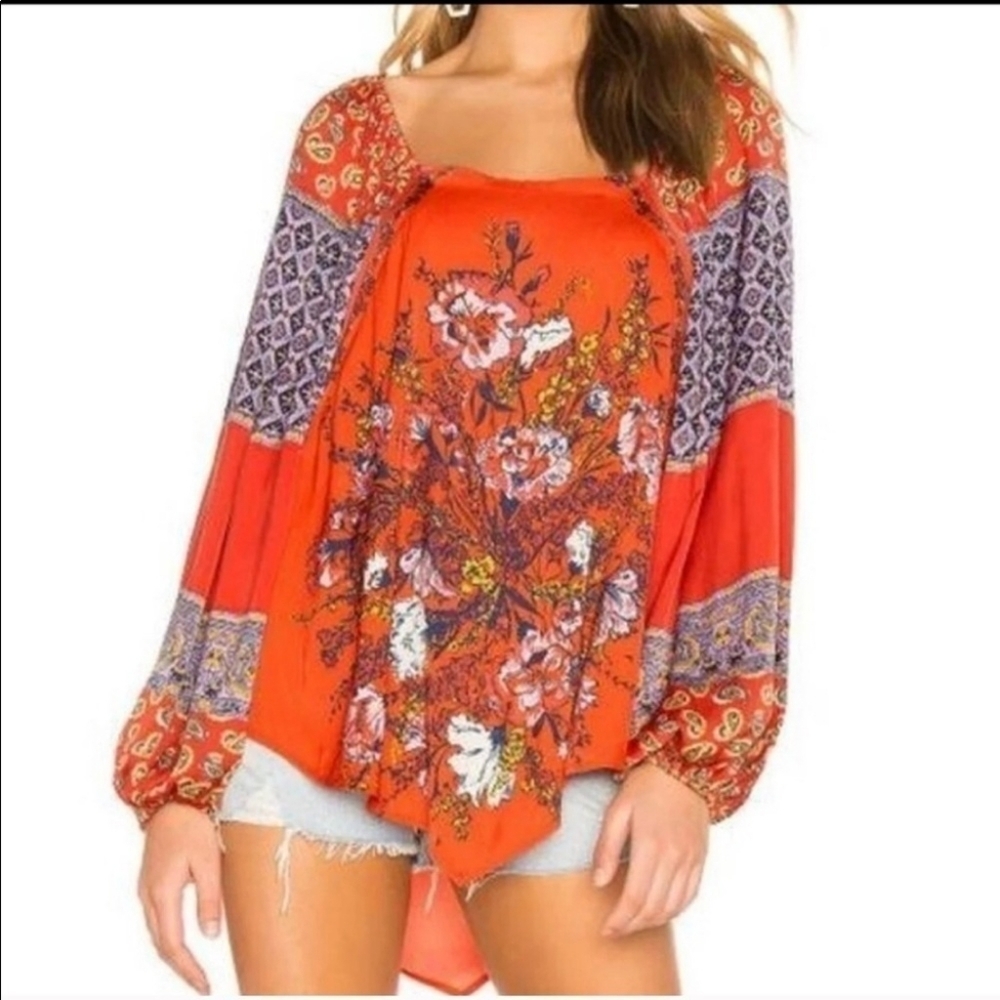 Free People Positano Printed Blouse - Red Cherry Combo - XS NWT 